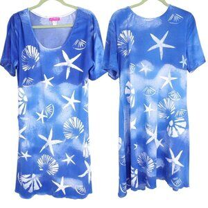 Vintage Crazy Fish Women's XL Short Sleeve Cotton Blue Sea Shells Midi Dress